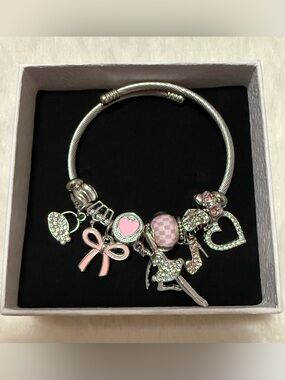 Stainless Steel Charm Bracelet with Pink Accents  Silver-tone